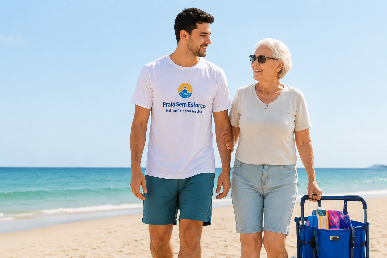 Jovem caminhando na praia com uma senhora e um carrinho de praia.