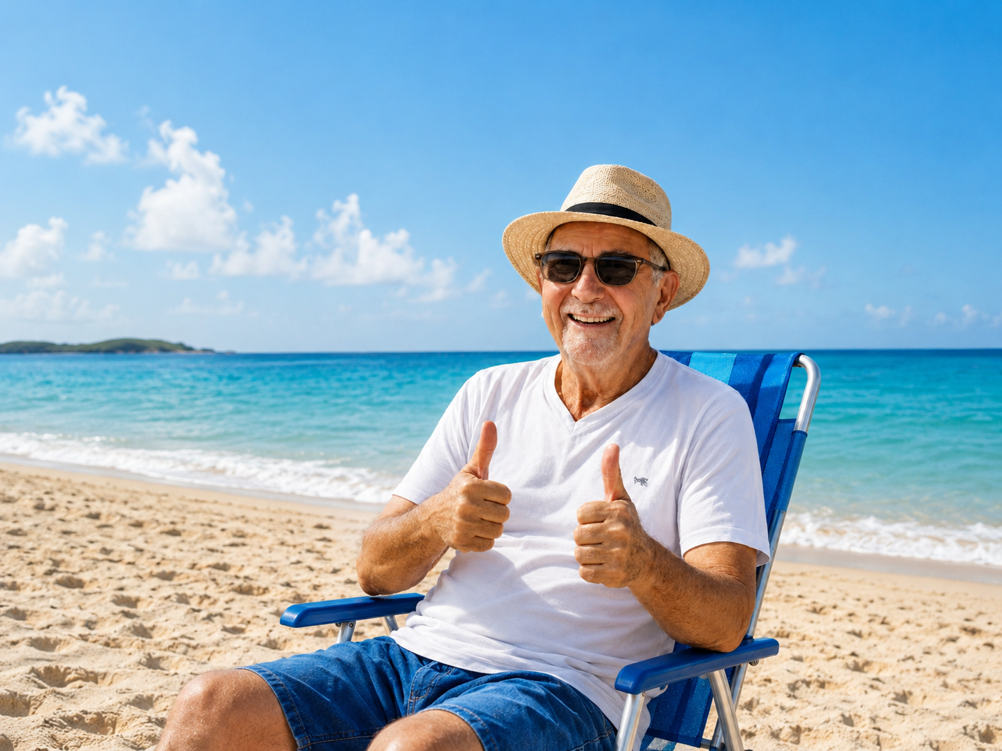 Senhor sorrindo sentado em cadeira de praia e fazendo sinal positivo.