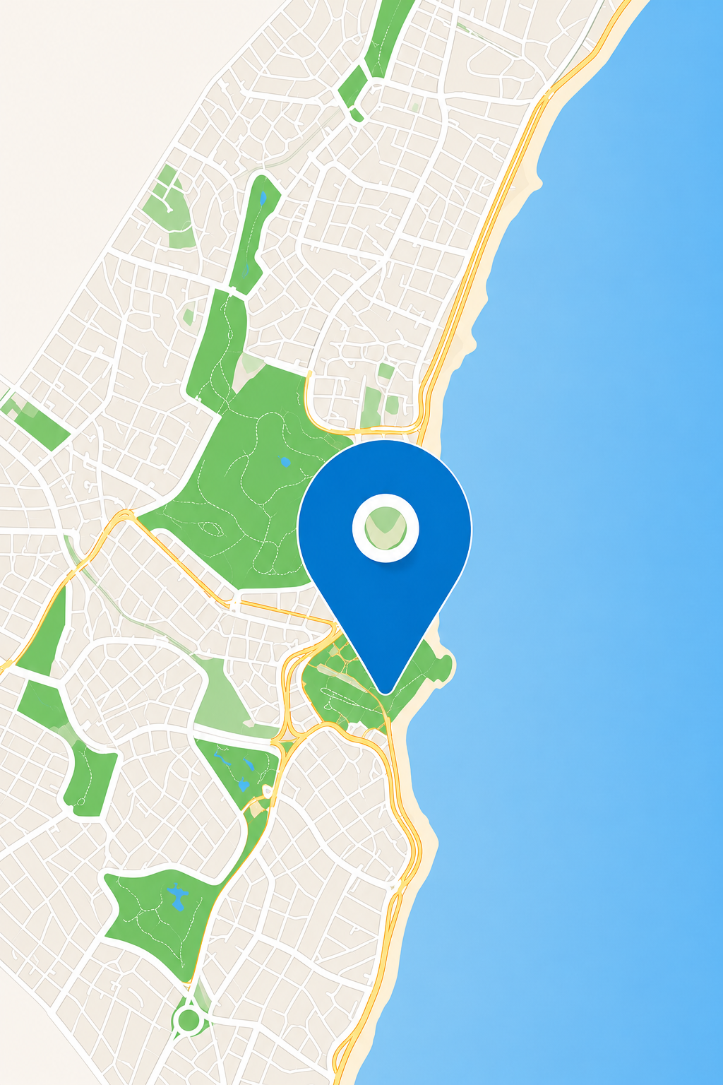 Ilustração de mapa costeiro com marcador azul de localização.