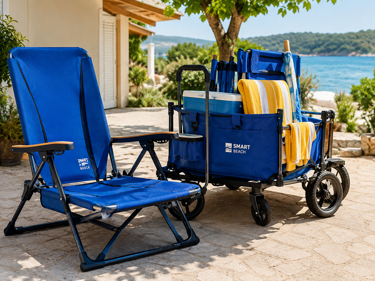 Cadeira azul de praia ao lado de carrinho com acessórios.