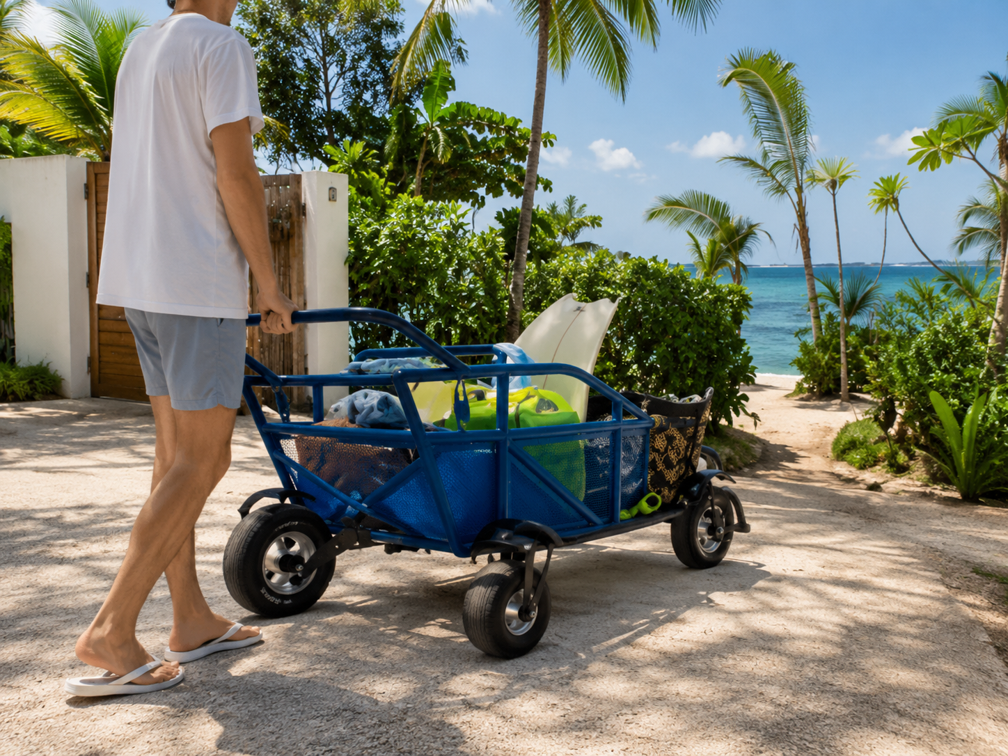 Carrinho azul de praia com cooler e toalhas.
