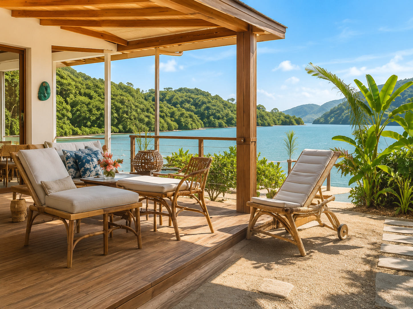 Varanda de casa de praia organizada com móveis claros e vista para o mar.