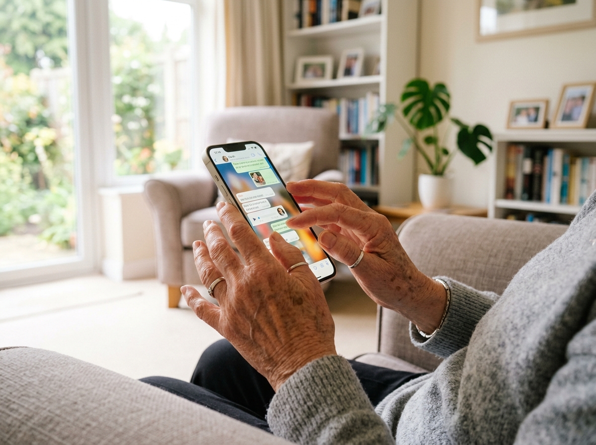 Mãos de pessoa idosa segurando um smartphone.