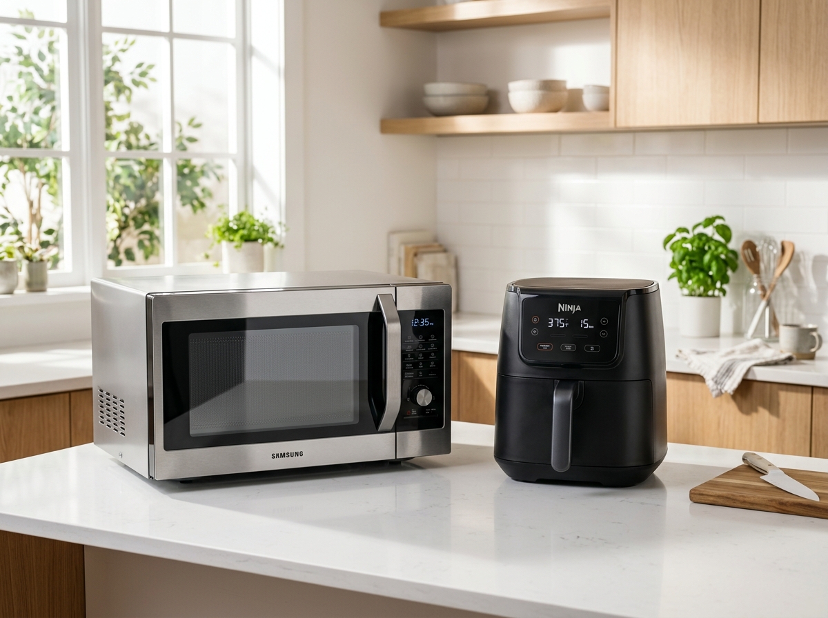 Micro-ondas moderno e air fryer na bancada da cozinha.