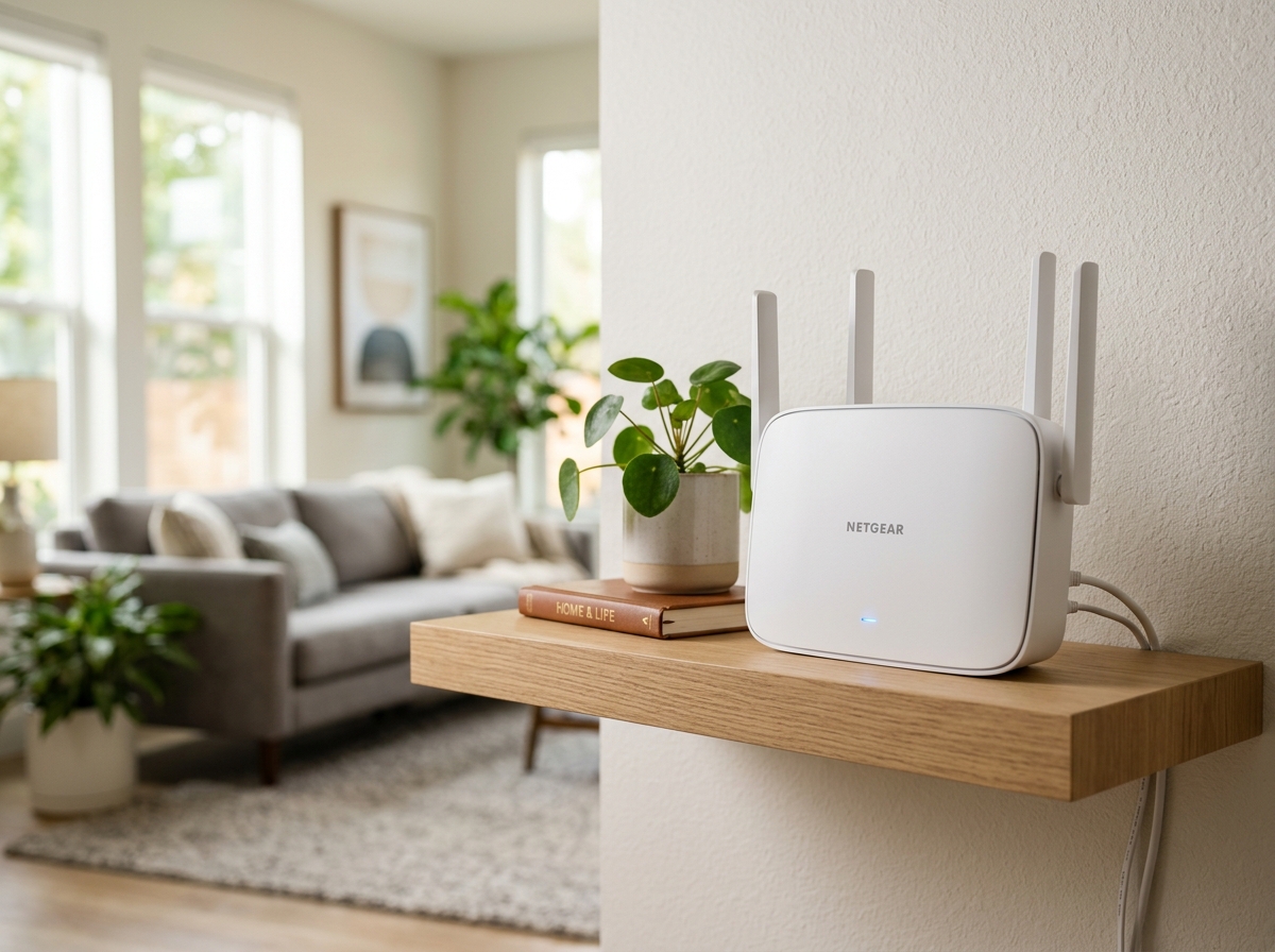 Roteador Wi-Fi moderno brilhando sobre um móvel.