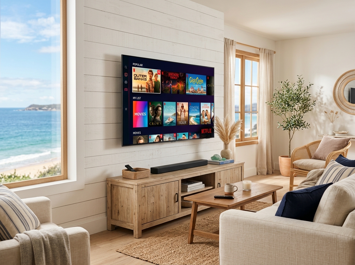 Uma Smart TV moderna na sala de estar exibindo interface.